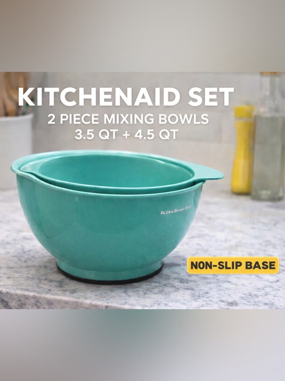 KitchenAid Mixing Bowl Set Aqua 3.5 Qt + 4.5 Qt Non-Slip Nesting